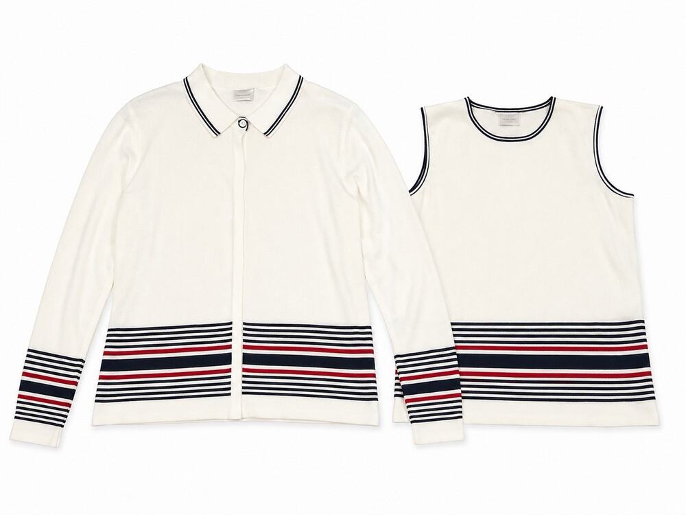 Title: Villager Liz Claiborne Women’s Medium 2 Piece Sweater Set Ivory Striped